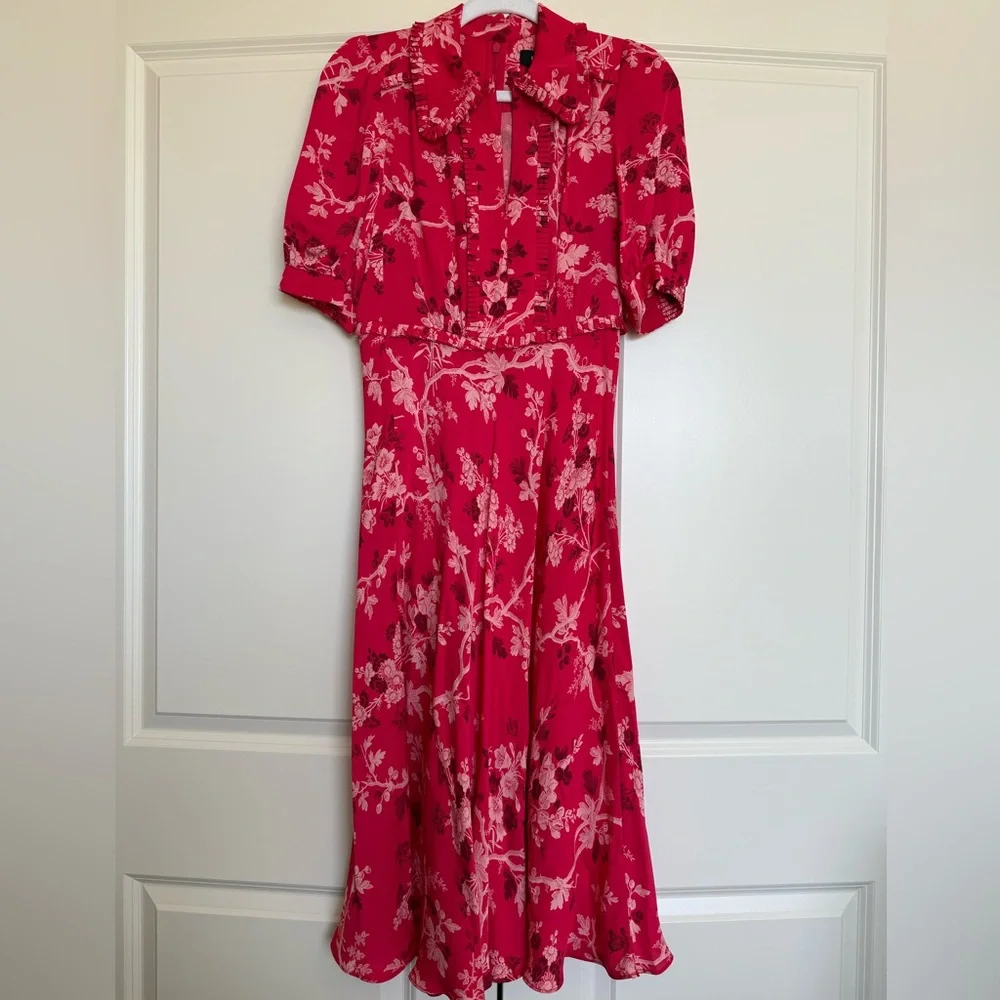 ME+EM 2 Modern Botanical Print Midi Dress Raspberry Red EUC Floral Short Sleeve - Picture 8 of 16